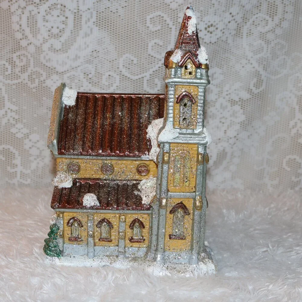 Christmas Village church handpainted ceramic *lighted cord is NOT included*